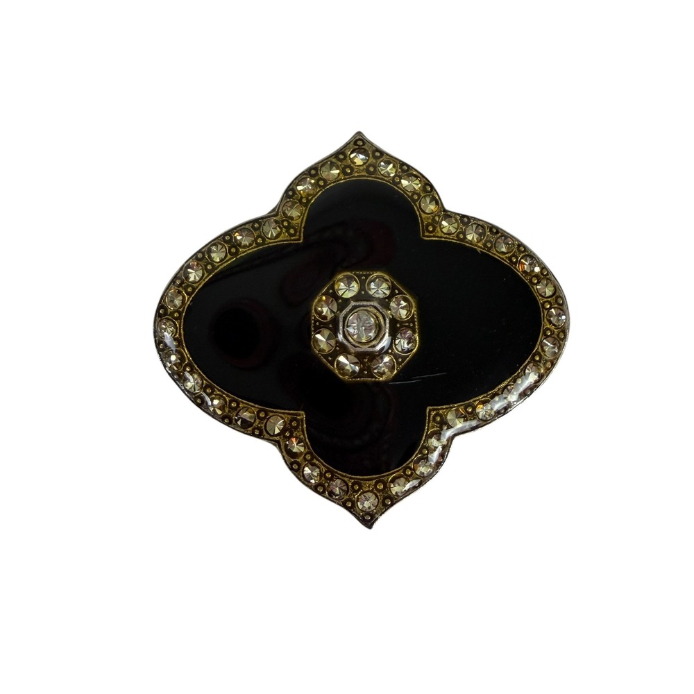 Catherine Popesco France Black Enamel Crystal Quatrefoil Brooch Pin Vintage